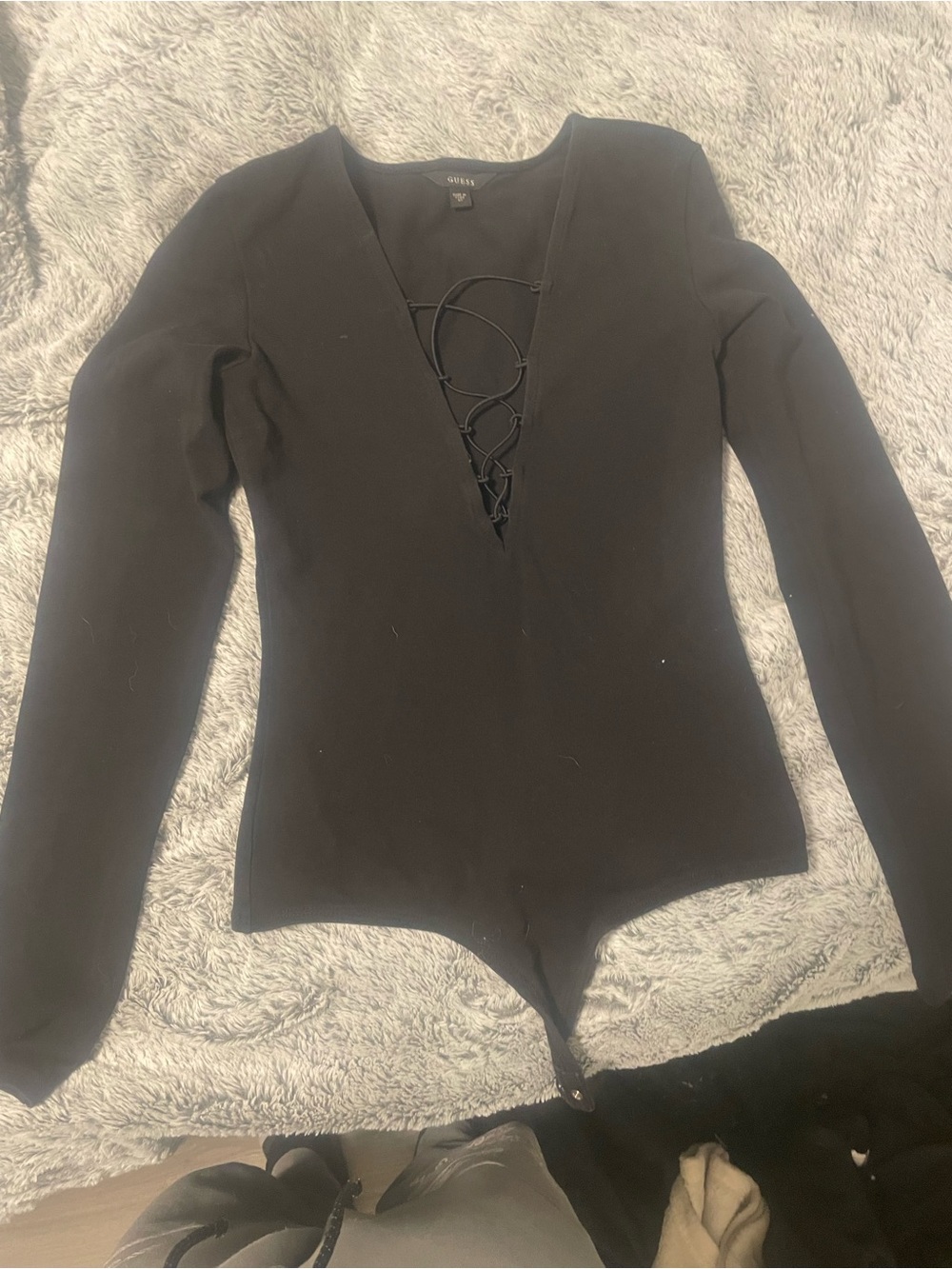 Guess Black Lace-Up V-Neck Long Sleeve Bodysuit
